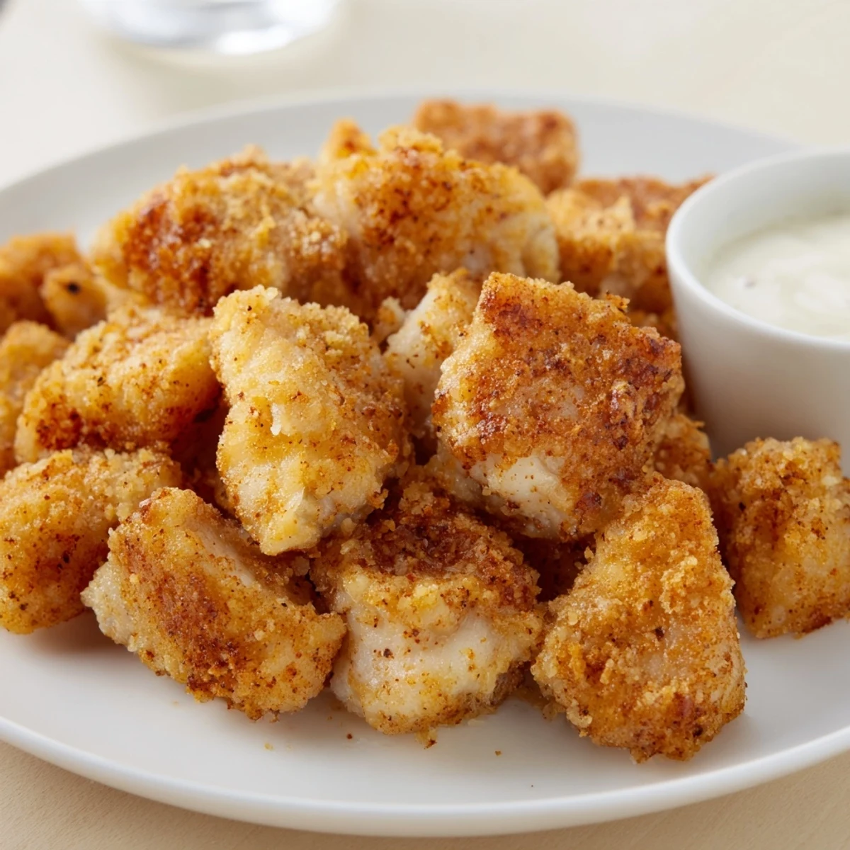 Buttermilk-marinated Chicken Bites, crunchy crusted pieces piled with honey mustard