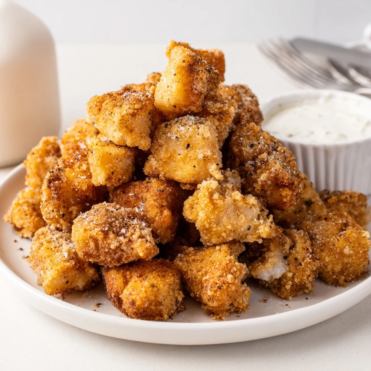 Hot Chicken Bites served straight from fryer, golden edges, tender interior