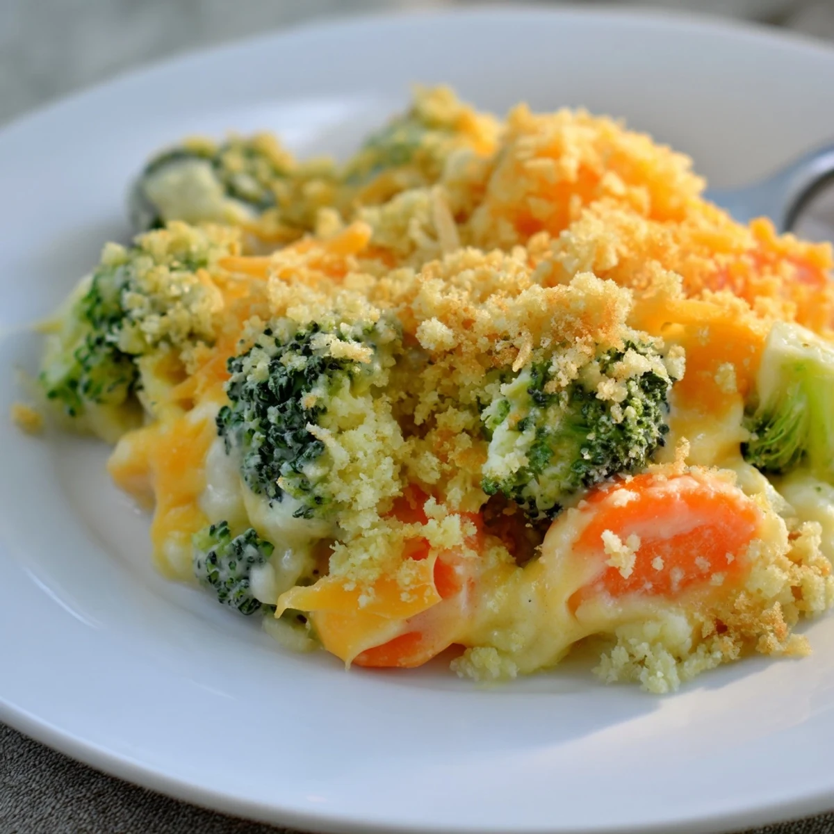 Cheese Bake Broccoli Carrots bubbling under golden crust, creamy cheddar sauce  