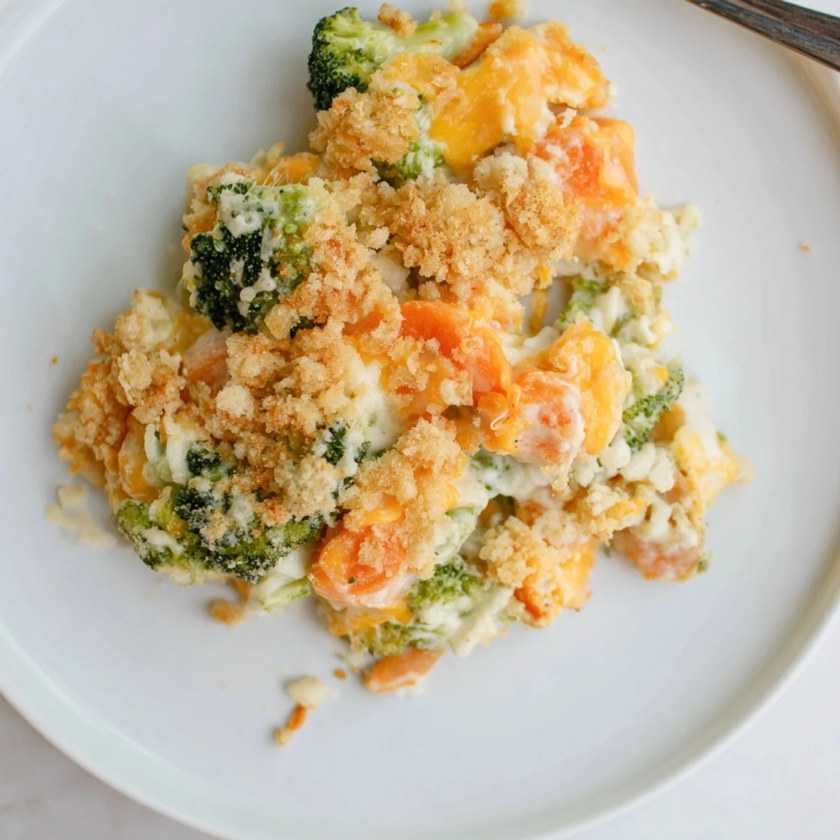 Oven-hot Cheese Bake Broccoli Carrots in baking dish, breadcrumb topping crisp  