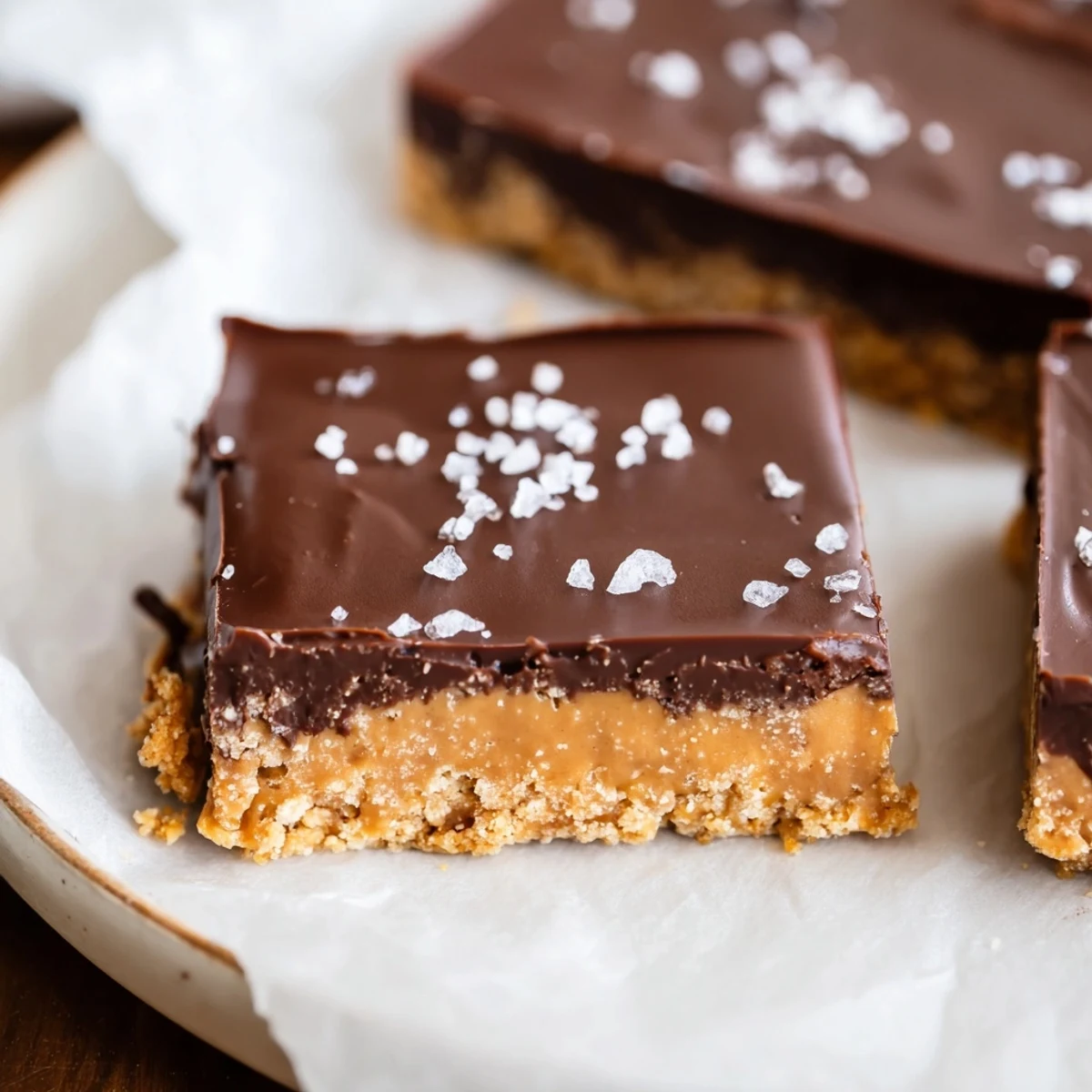 Sliced No Bake Peanut Butter Bars on plate, creamy center, sprinkle sea salt.