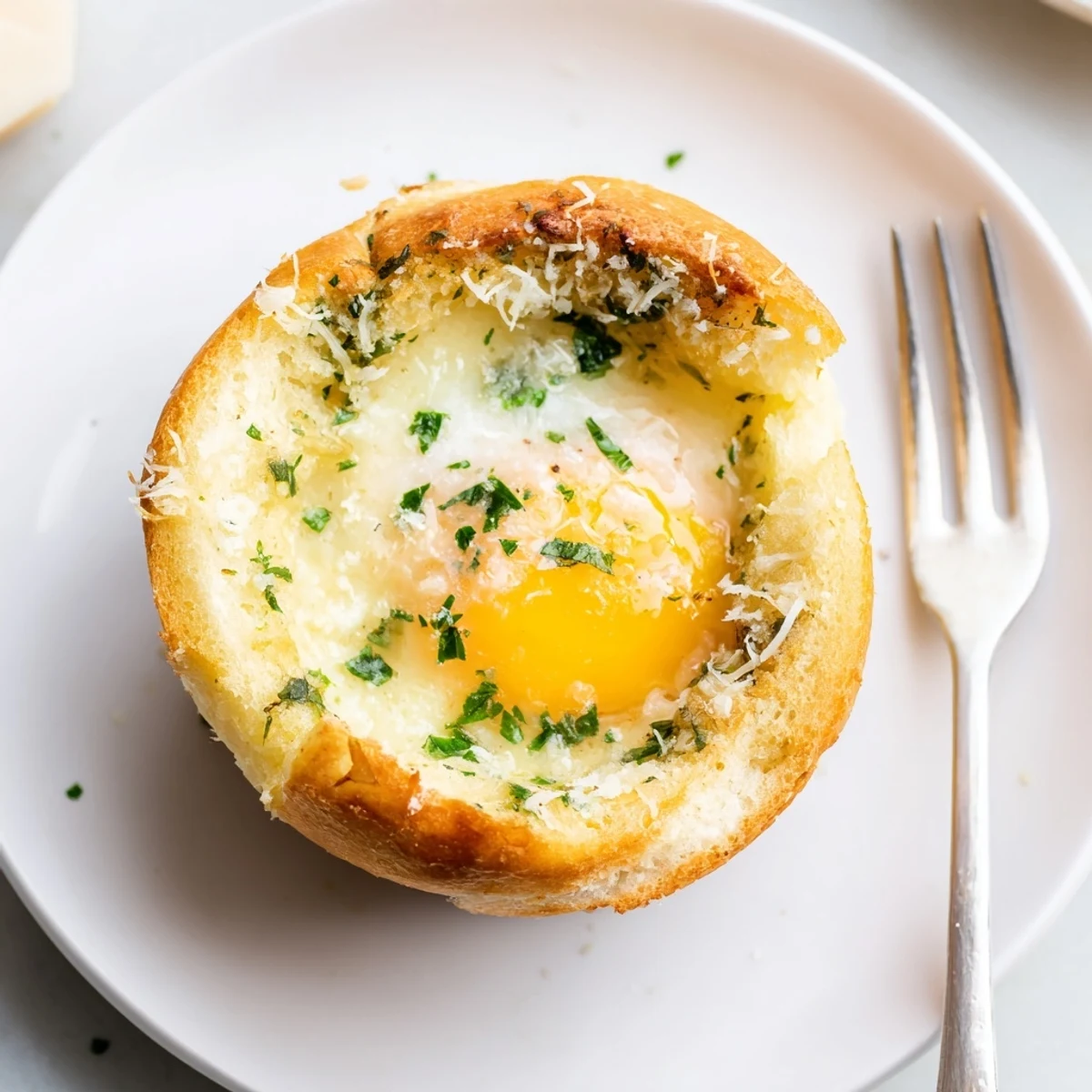 Baked Lazy Garlic Bread Egg Cups in muffin tin, sprinkled parsley, ready for brunch
