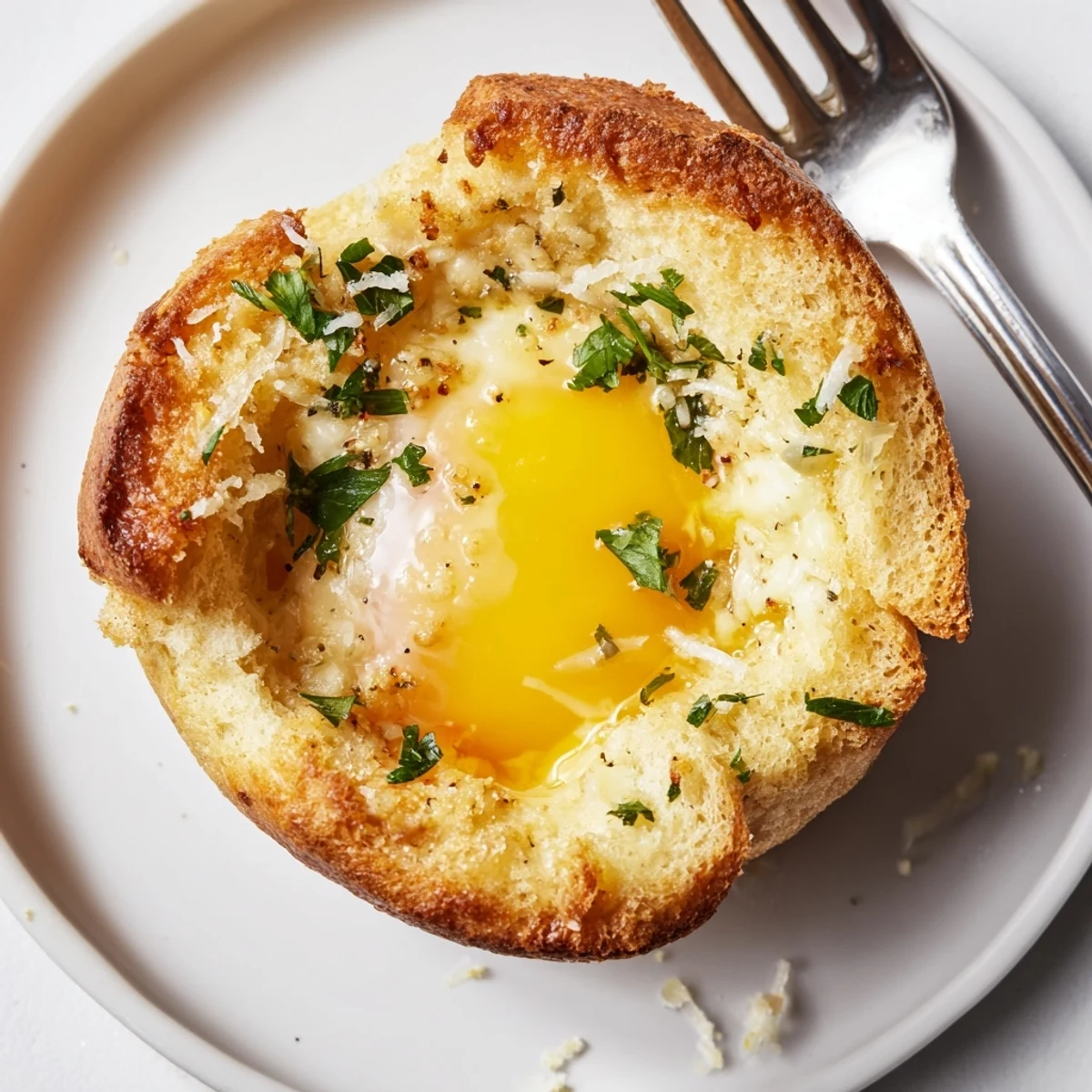 Crispy-edged Lazy Garlic Bread Egg Cups served warm with fresh fruit