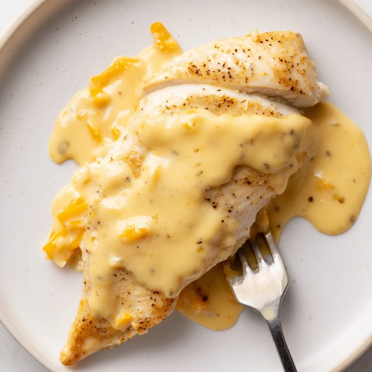 Chicken With Cheese Sauce: golden seared breasts smothered in silky cheddar sauce