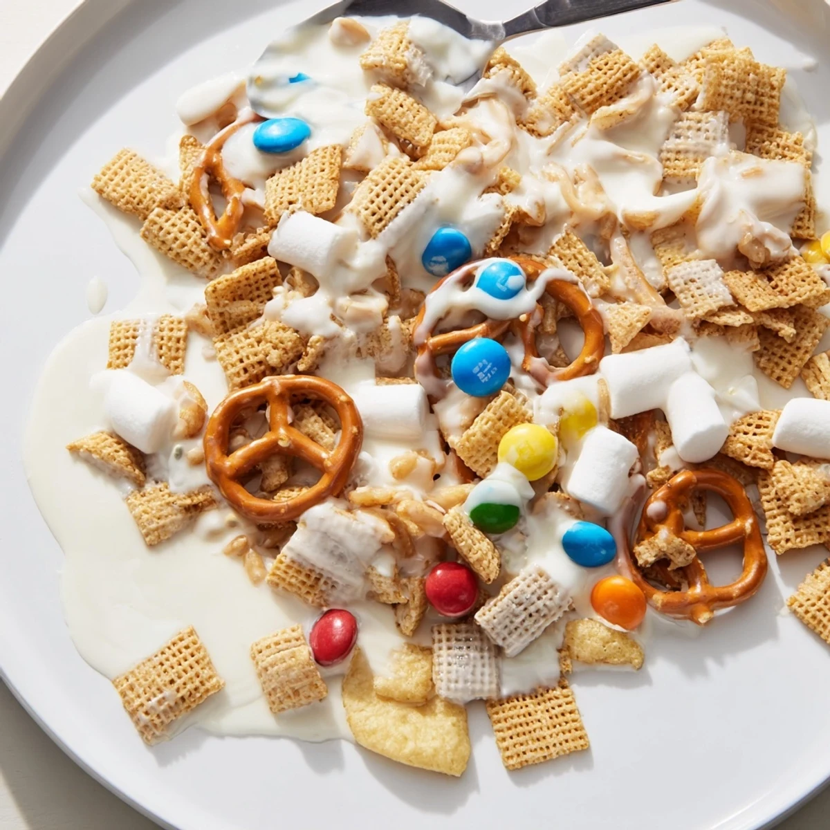 White Trash Snack Mix piled on parchment, glossy white chocolate coating glistening