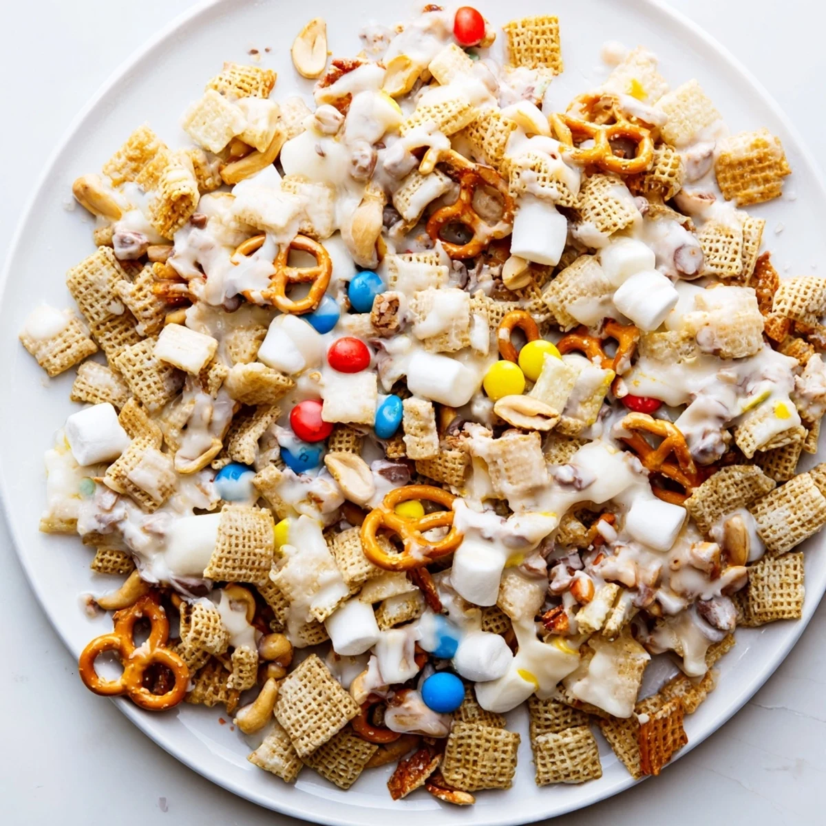 Bowl of White Trash Snack Mix studded with M&Ms and mini marshmallows