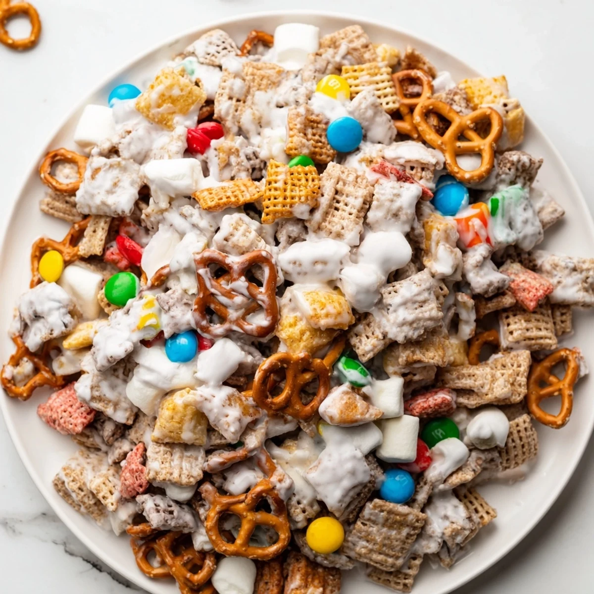 Hand scooping White Trash Snack Mix chunks from sheet, sweet-salty aroma