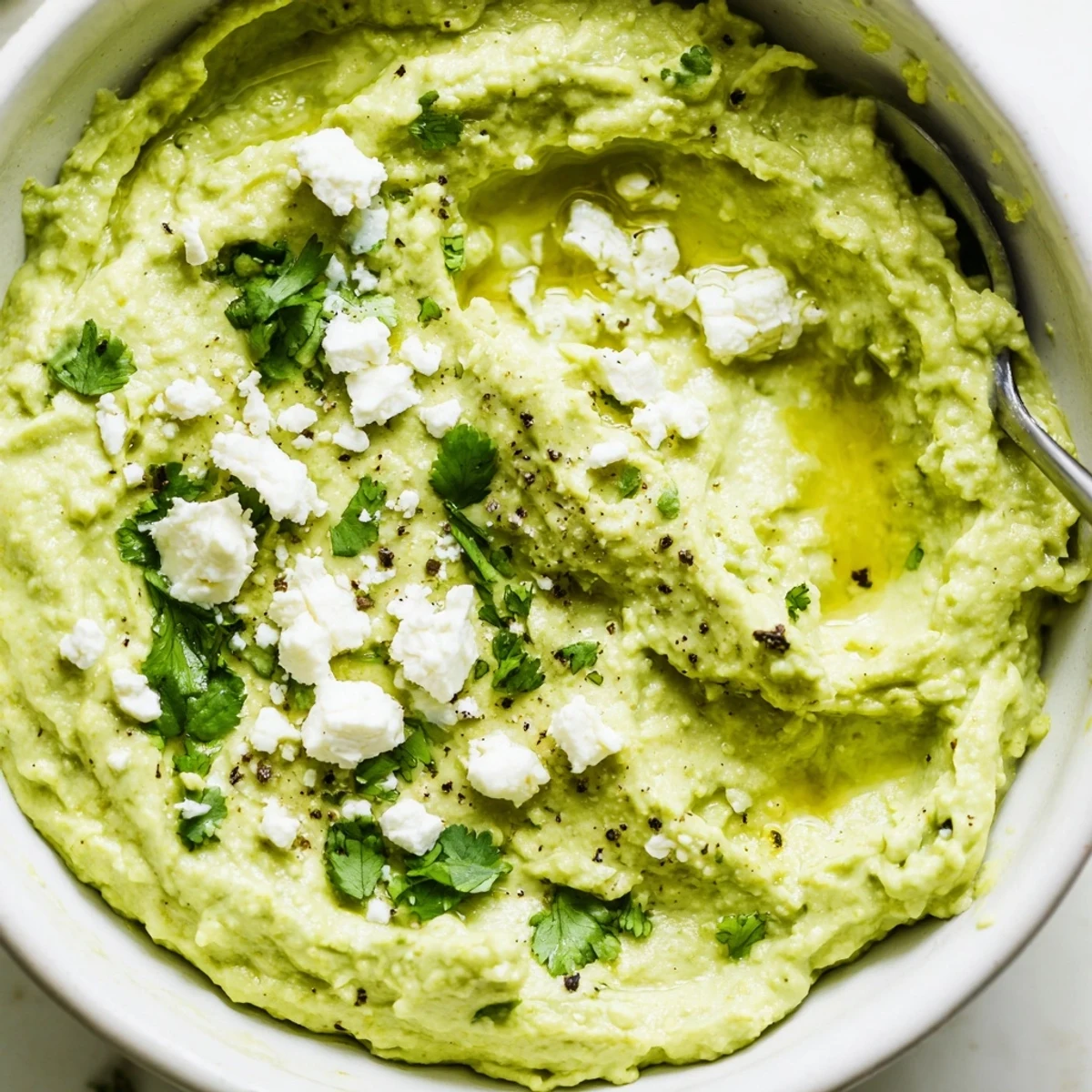 Bright, zesty Creamy Avocado Feta Dip topped with cilantro, served with pita.