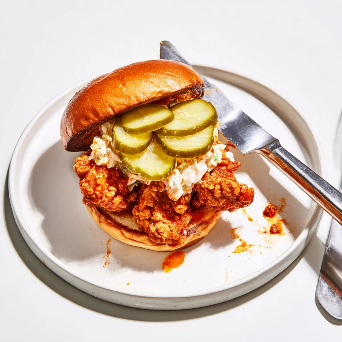 Spicy Nashville Hot Chicken Sandwiches on toasted brioche, golden crisp chicken and pickles.
