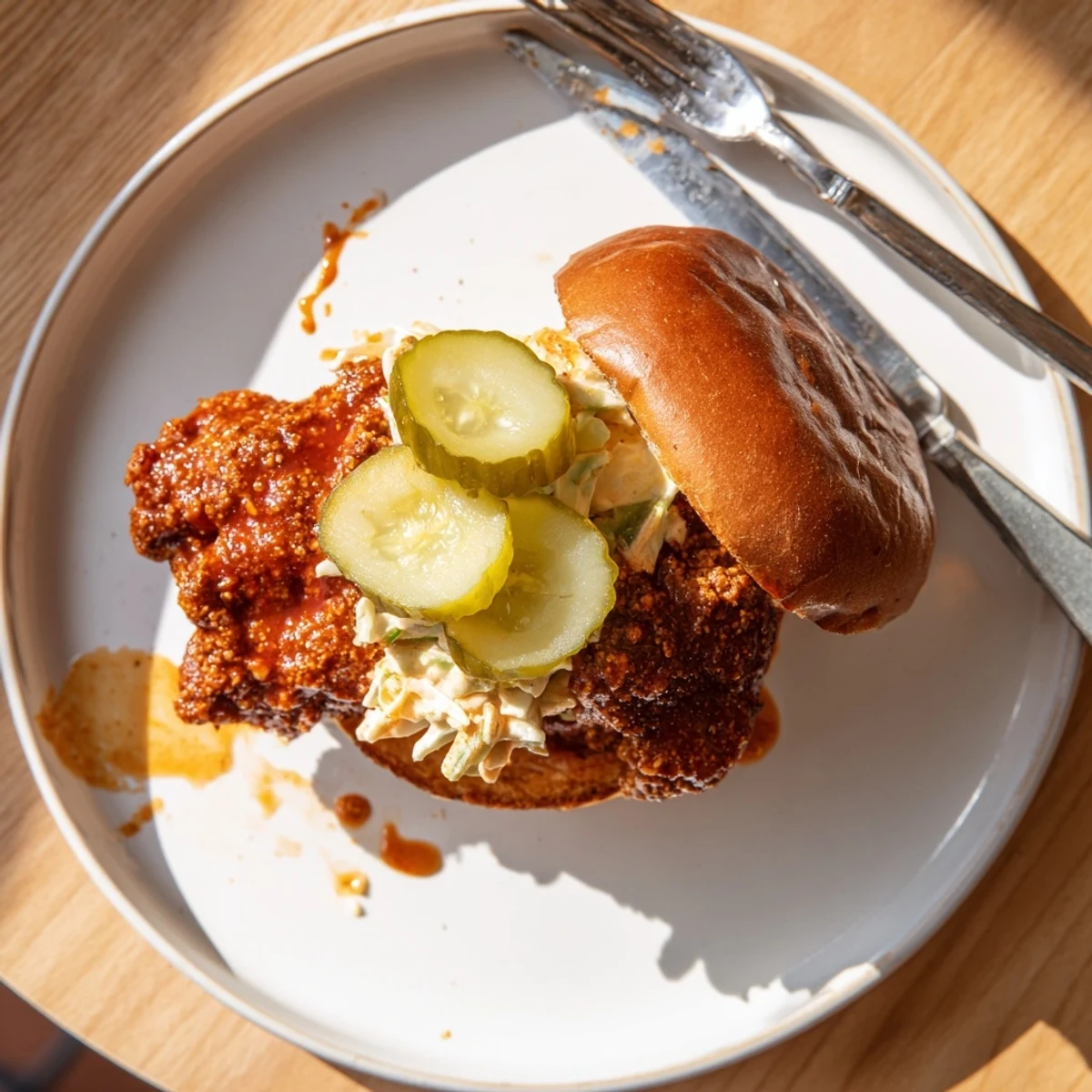 Plated Spicy Nashville Hot Chicken Sandwiches with creamy coleslaw, glistening sauce and steam.