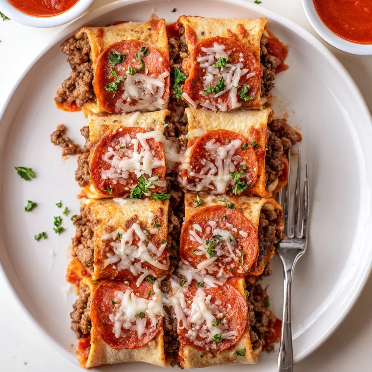 Cheesy Beef Pepperoni Pizza Roll Ups Snack Recipe with golden crust, gooey cheese, marinara  