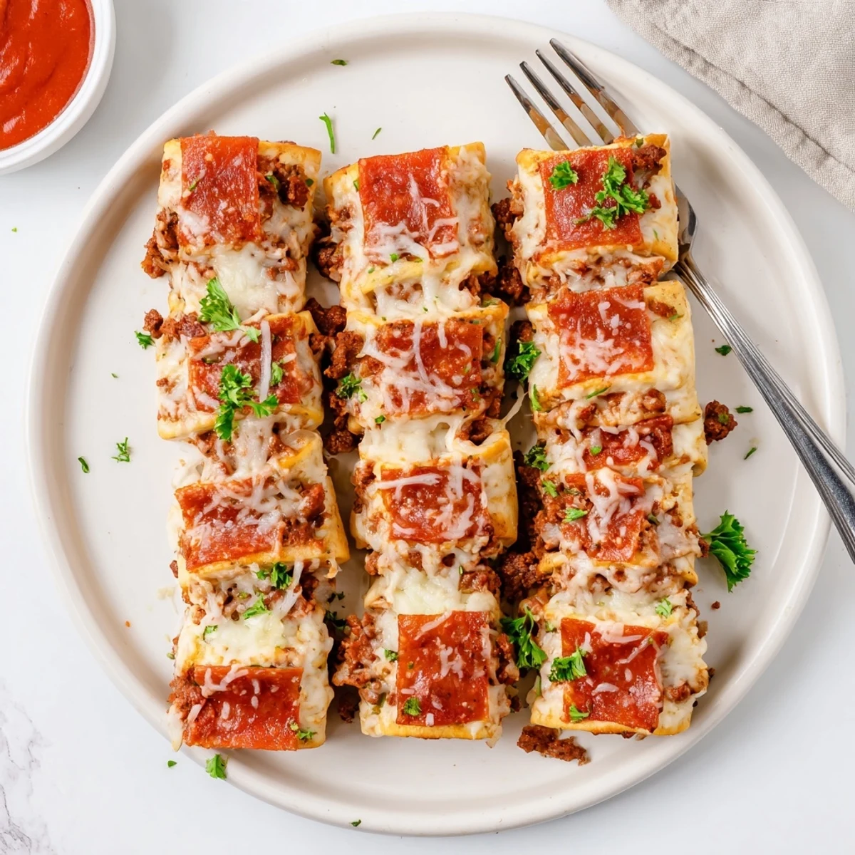 Cheesy Beef Pepperoni Pizza Roll Ups Snack Recipe bright basil garnish, crisp edges, cooling