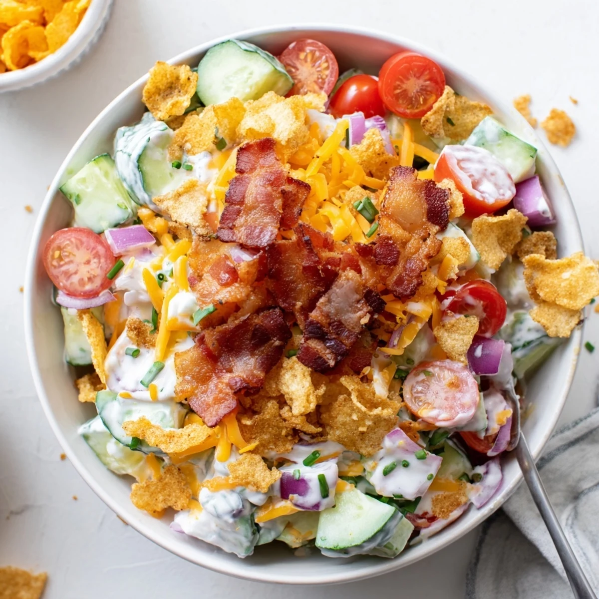 Zesty Cucumber Ranch Crack Salad with sharp cheddar, bacon, ready to serve