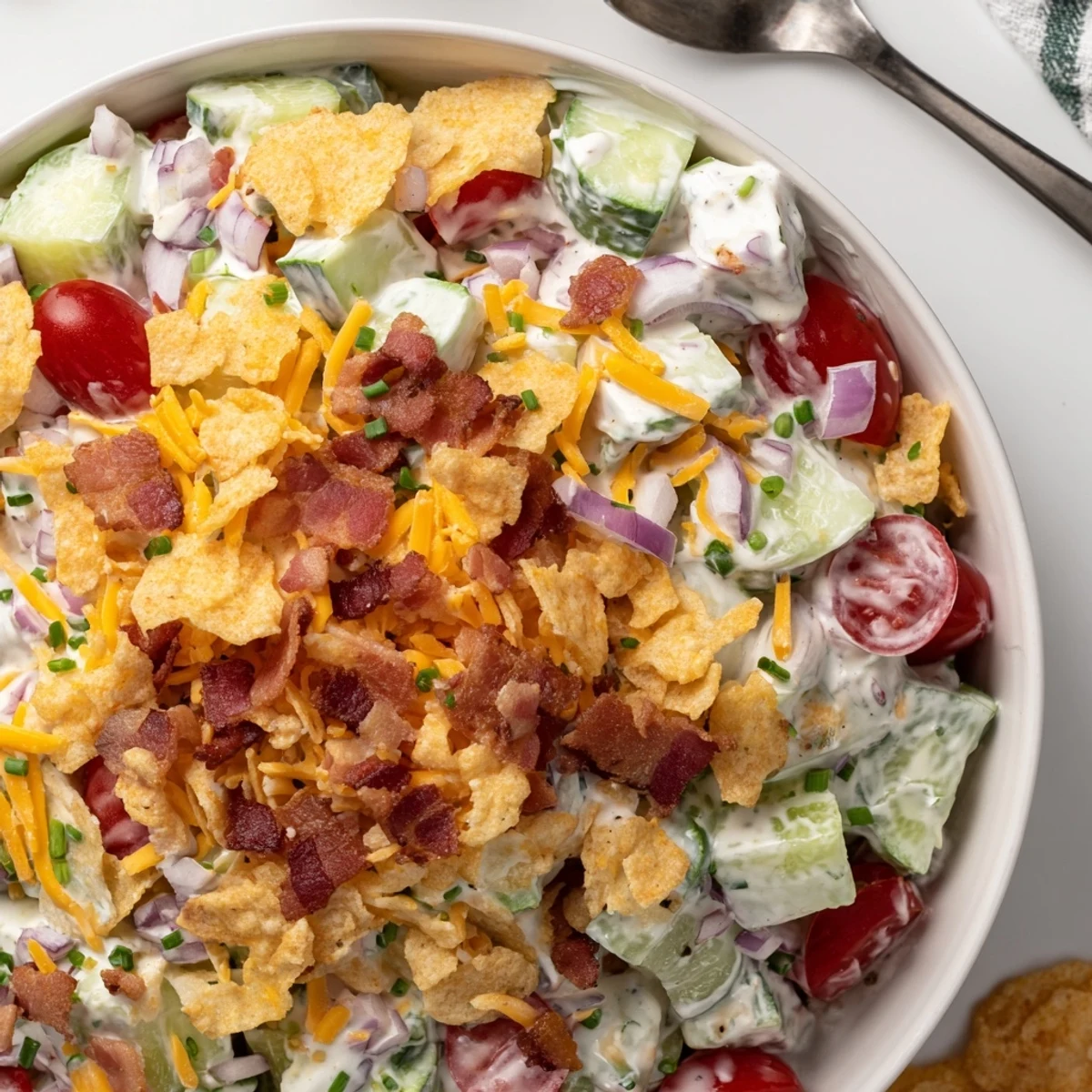 Cucumber Ranch Crack Salad piled with crispy bacon, cheddar, and kettle chips