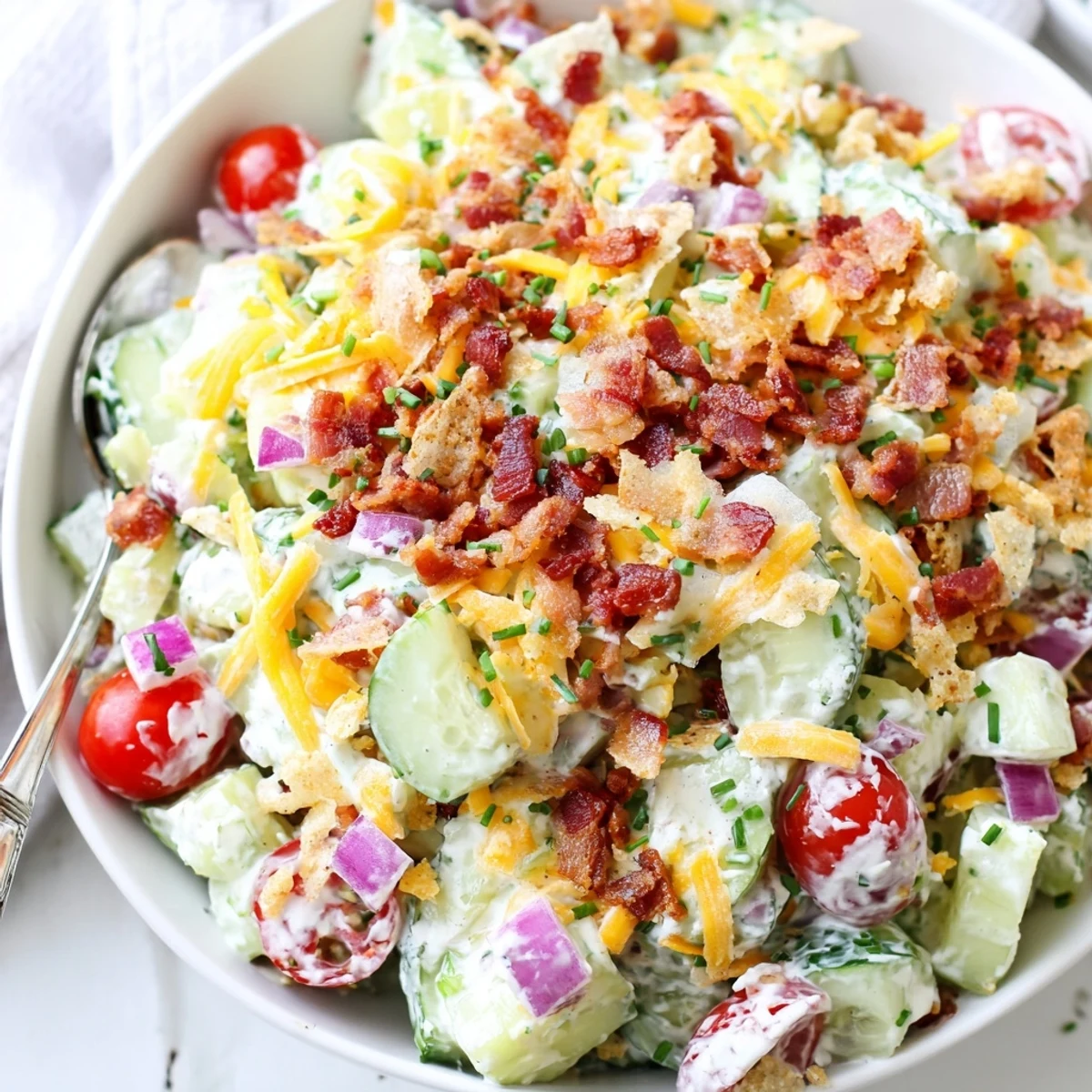 Picnic-ready Cucumber Ranch Crack Salad crowned with crunchy chips and savory bacon