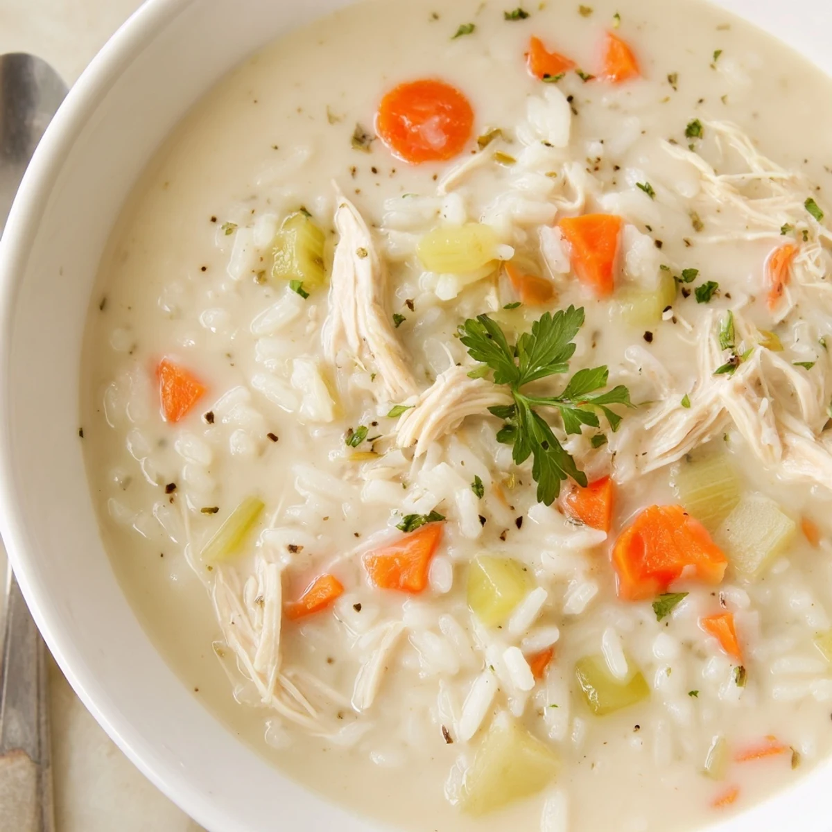 Creamy Chicken Rice Soup steaming in a bowl, velvety broth and tender chicken