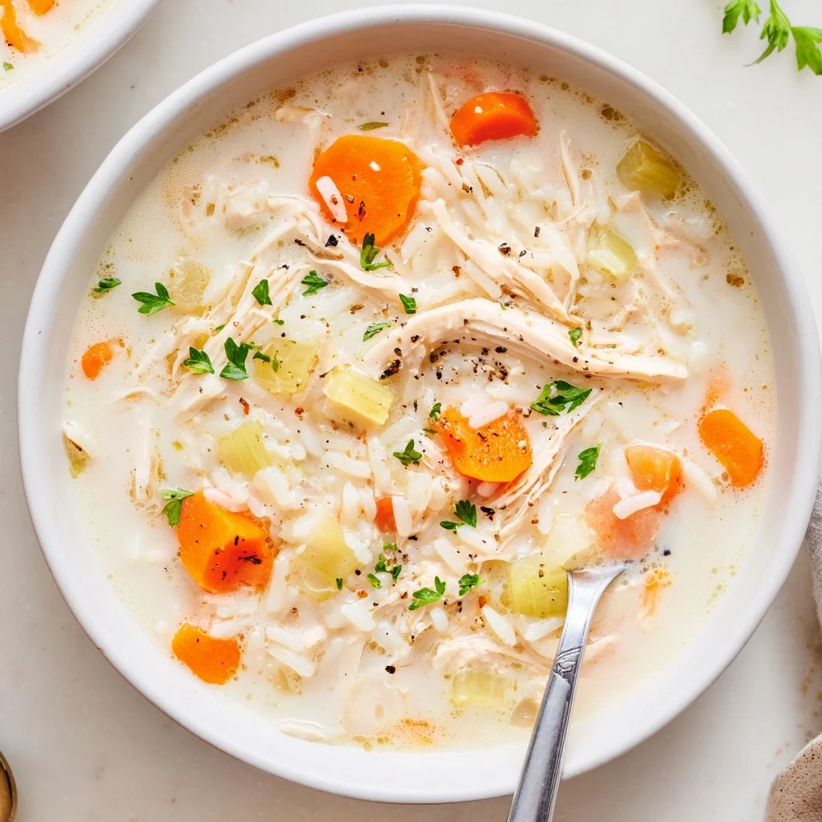 Spoon lifting Creamy Chicken Rice Soup revealing tender rice, carrots, comforting aroma