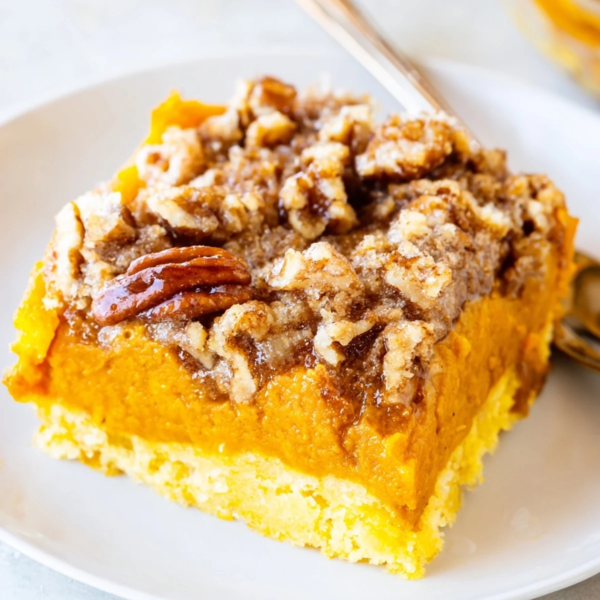 Pumpkin Dump Cake with golden pecan topping, warm and fluffy slices