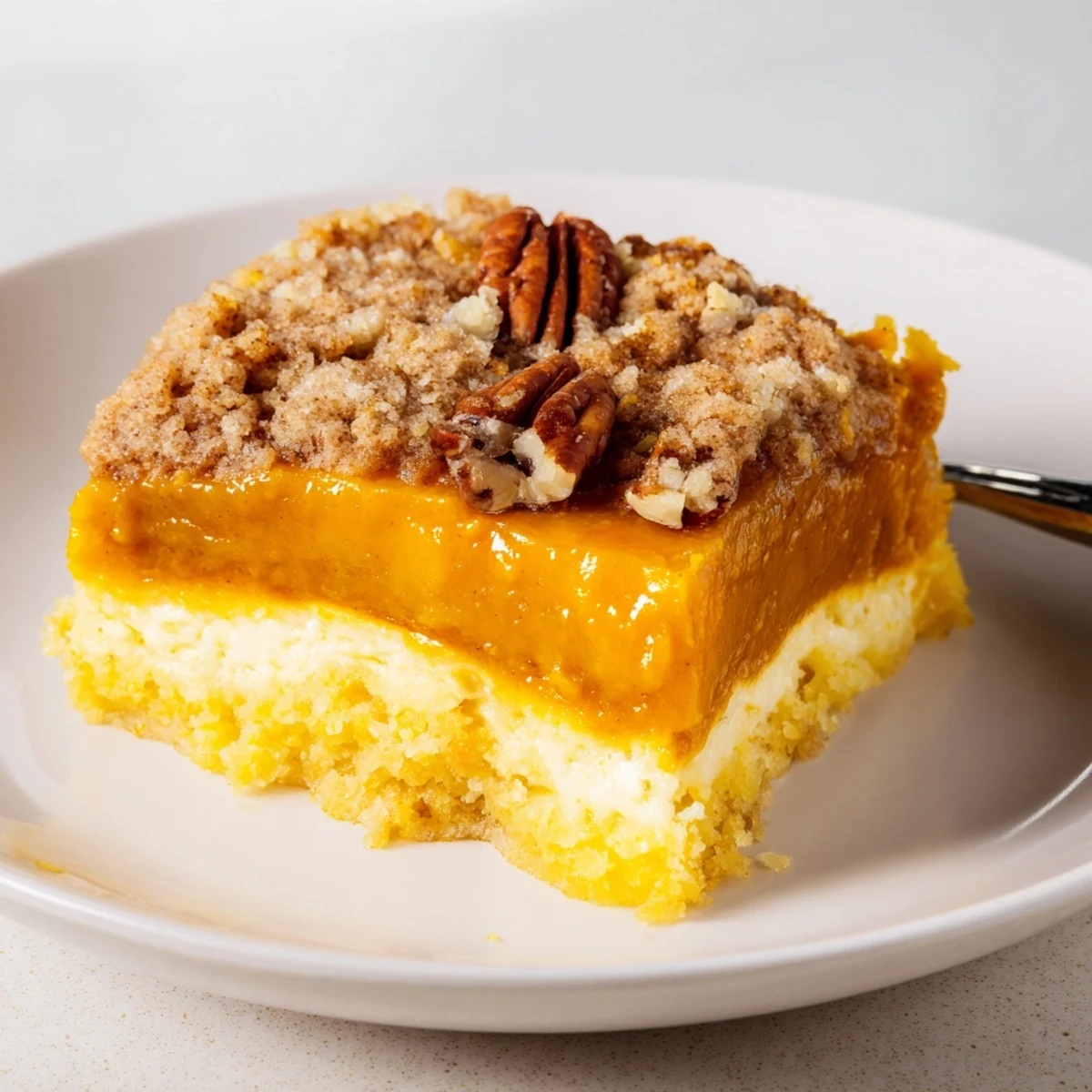 Spoon-ready Pumpkin Dump Cake served with melting vanilla ice cream