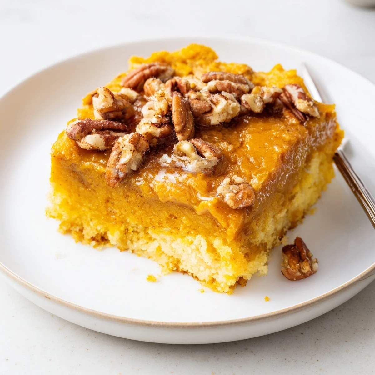 Freshly baked Pumpkin Dump Cake cooling in pan, sweet spiced aroma