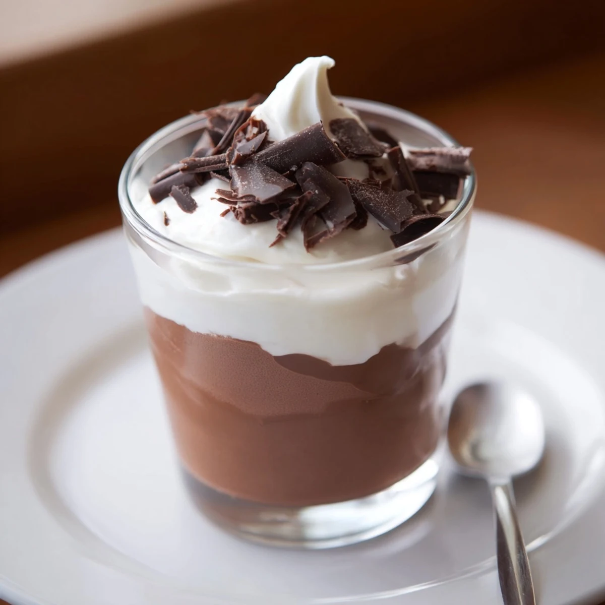 Triple Chocolate Mousse Cups layered in glass, silky textures, shaved chocolate garnish.