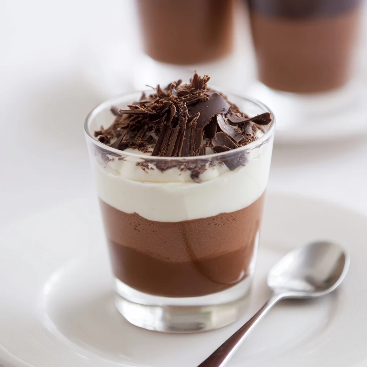 Serve Triple Chocolate Mousse Cups with a spoon; velvety dark, milk, white layers.