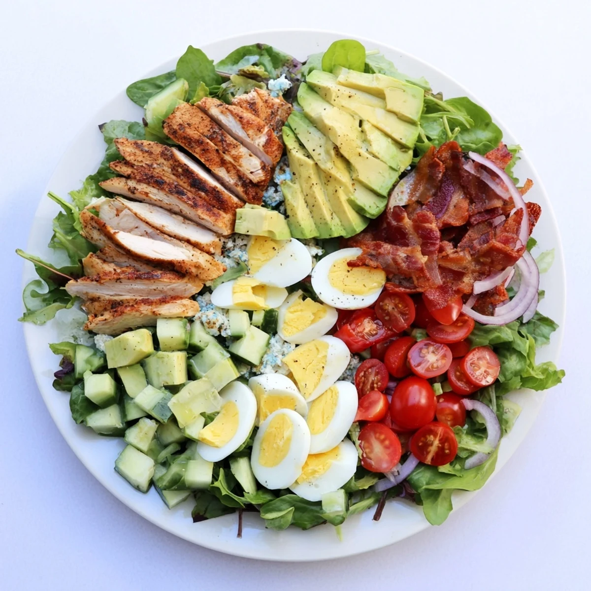 Sliced grilled chicken breast arranged over crisp mixed greens with cherry tomatoes, red onion, and cucumber in this wholesome Paleo Grilled Chicken Cobb Salad