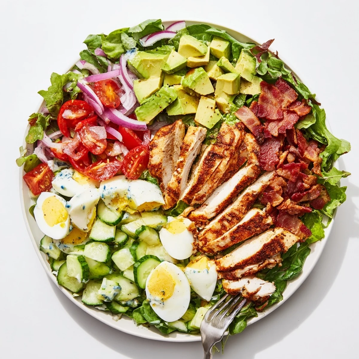 Generous serving of Paleo Grilled Chicken Cobb Salad featuring juicy seasoned chicken, creamy avocado quarters, and crumbled uncured bacon