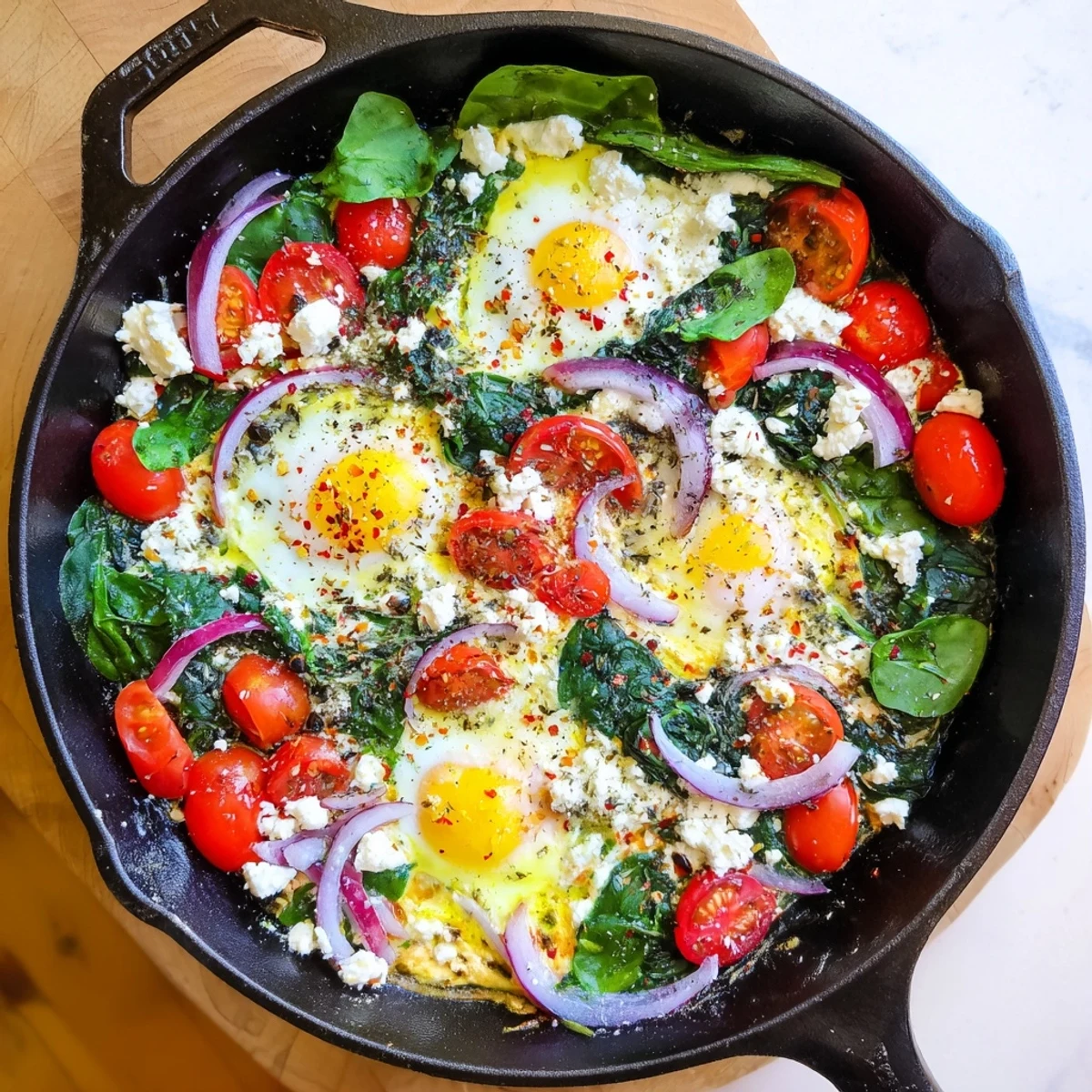 Creamy Mediterranean baked feta eggs featuring wilted spinach, cherry tomatoes, and runny yolks