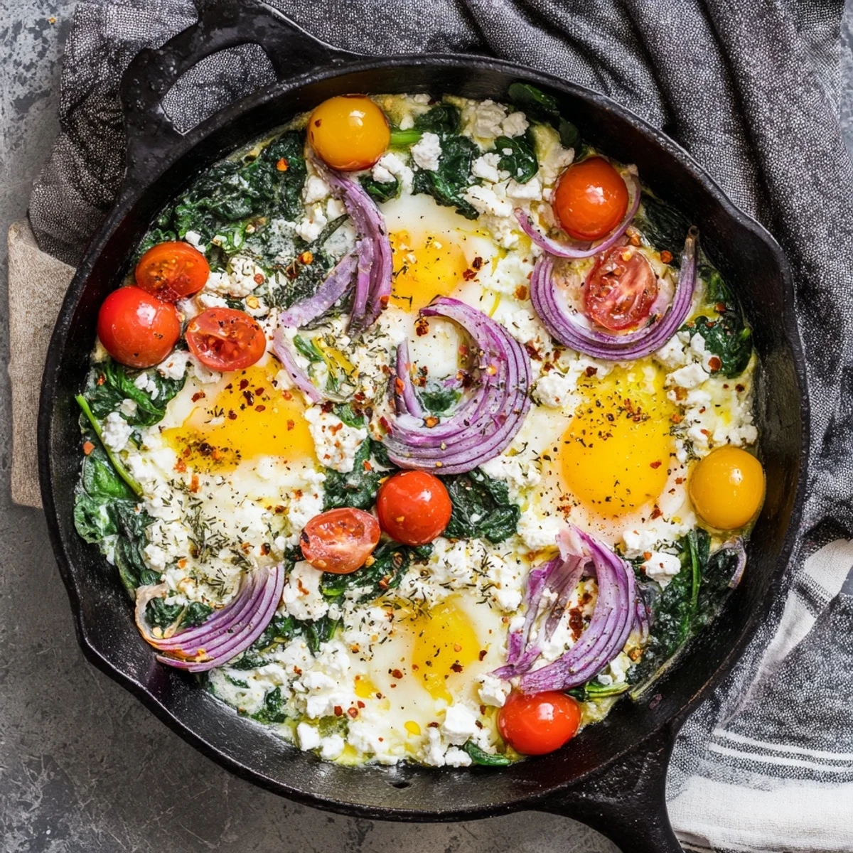 Golden baked feta eggs with juicy tomatoes and fresh spinach in a rustic skillet
