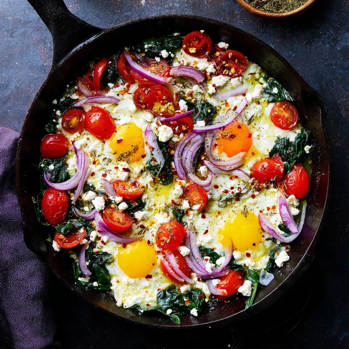 Oven-baked feta and eggs with tender spinach leaves and roasted tomato halves