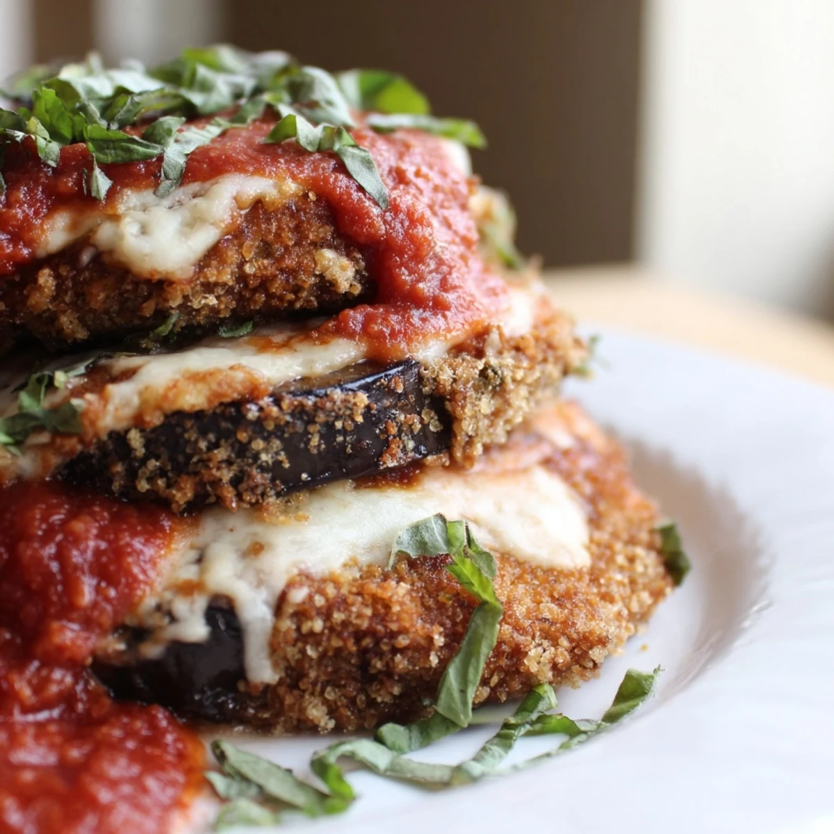 Crispy breaded eggplant parmesan slices stacked with rich tomato sauce and melted cheesy topping