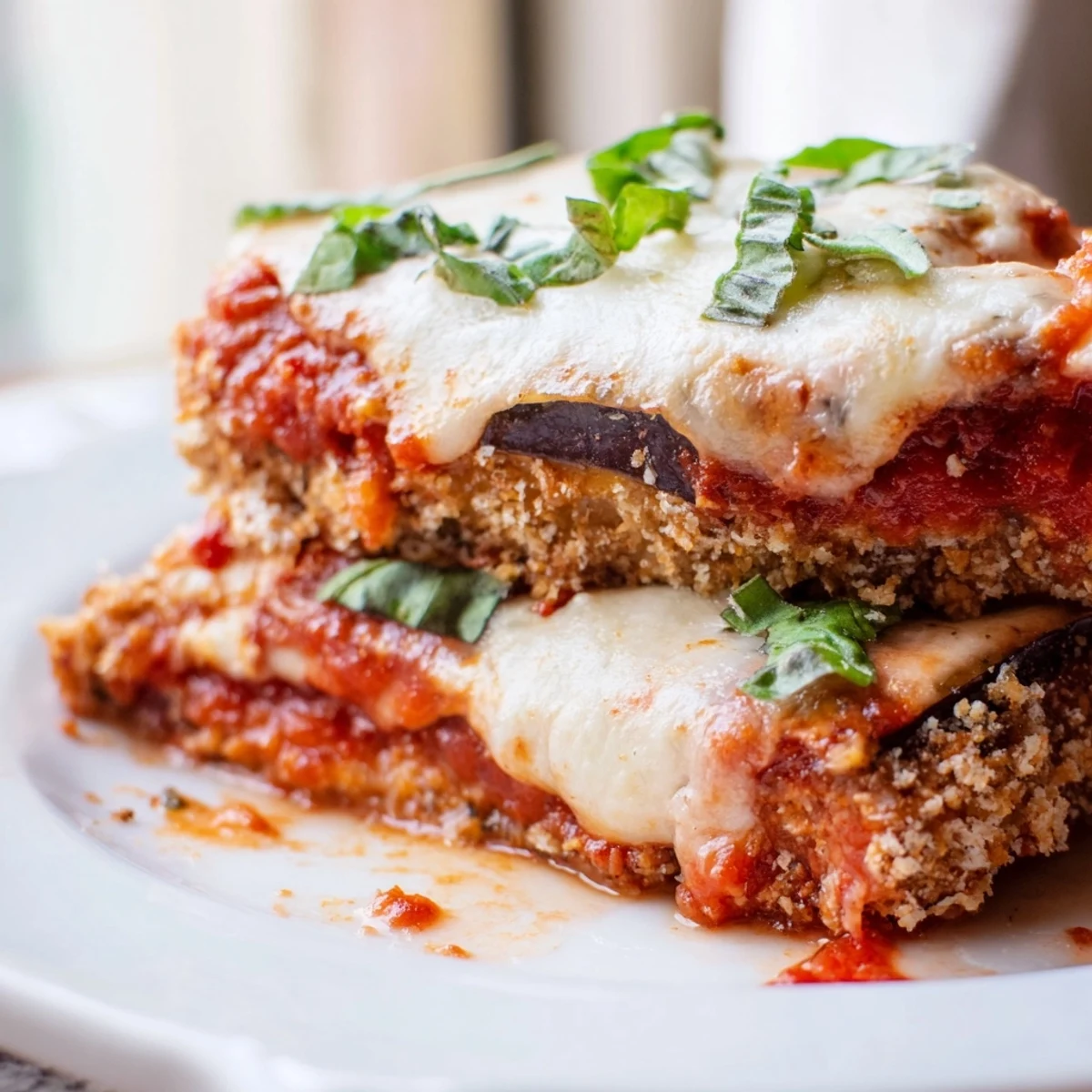 Golden baked eggplant parmesan layered with marinara and bubbling mozzarella cheese in a ceramic dish