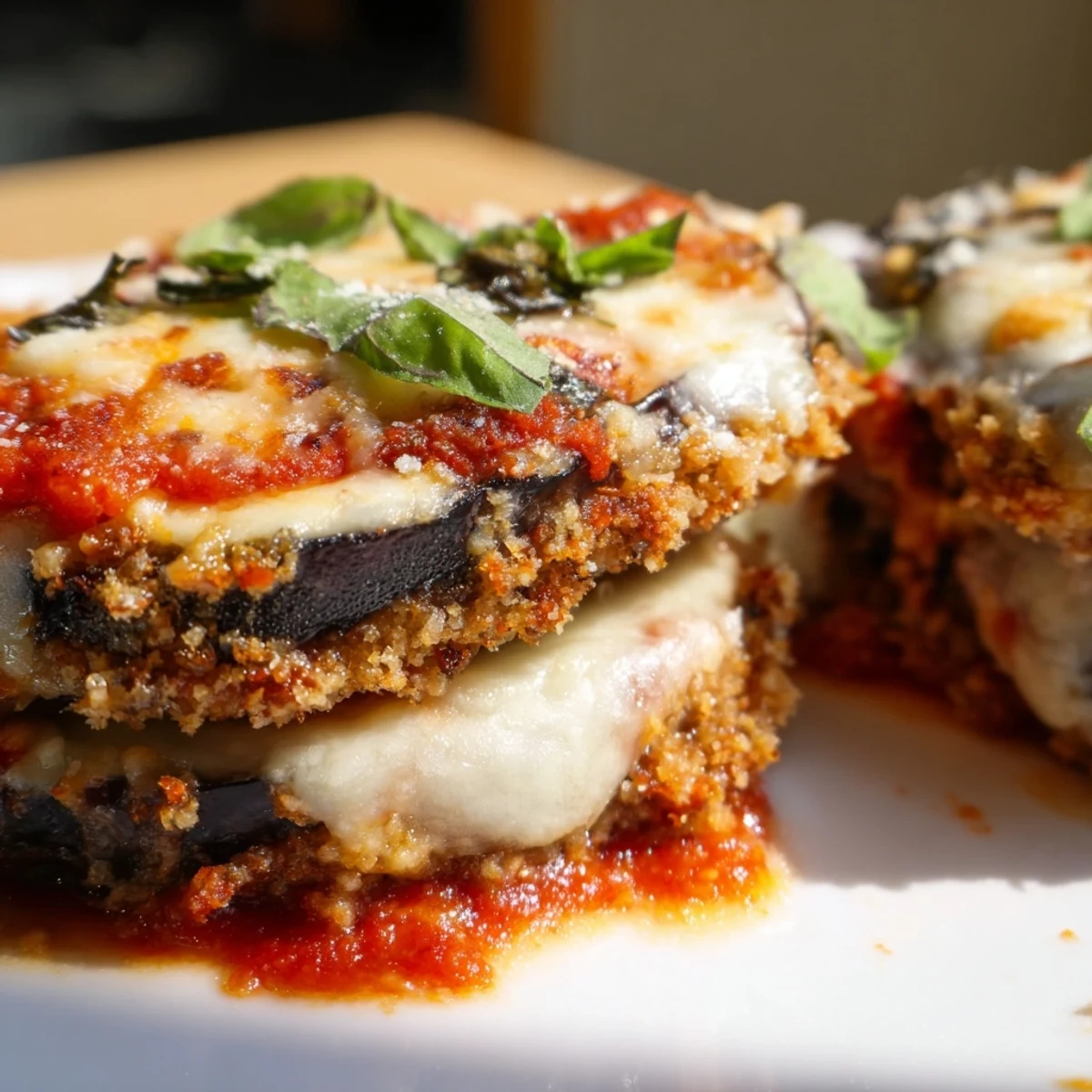 Homemade eggplant parmesan casserole fresh from the oven with garnish of green basil leaves