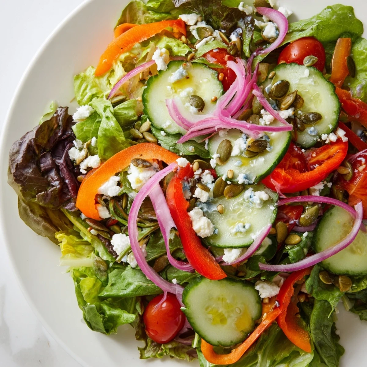 Colorful garden salad bowl with mixed greens, cherry tomatoes, cucumber, and red onion drizzled with light vinaigrette