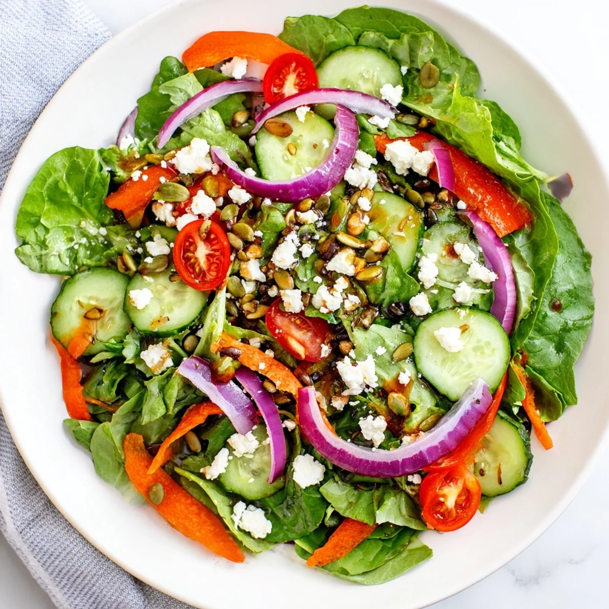 Fresh garden salad featuring crisp vegetables, shredded carrots, and bell pepper in a white serving bowl