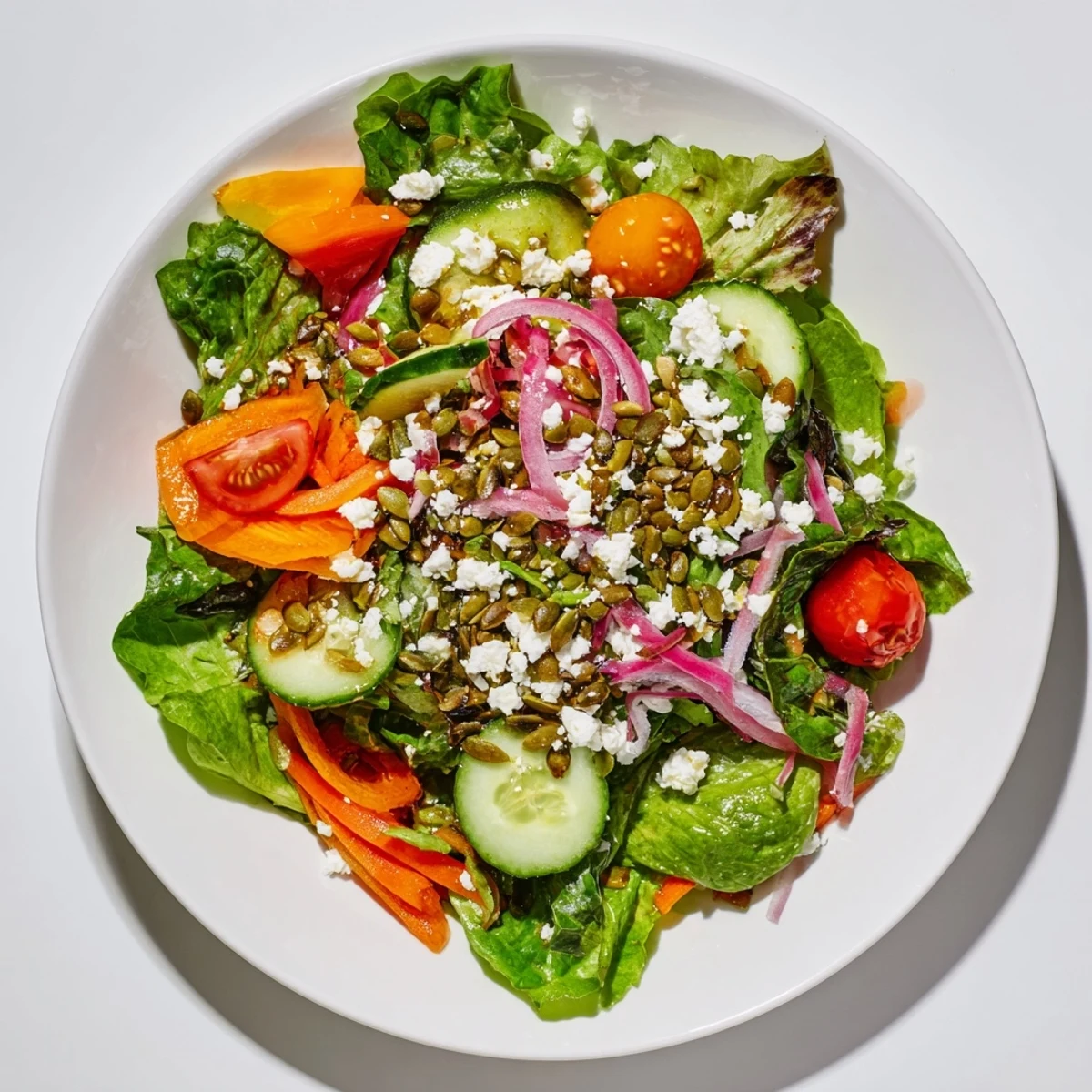 Vibrant garden salad topped with crumbled feta and toasted pumpkin seeds on a rustic wooden table