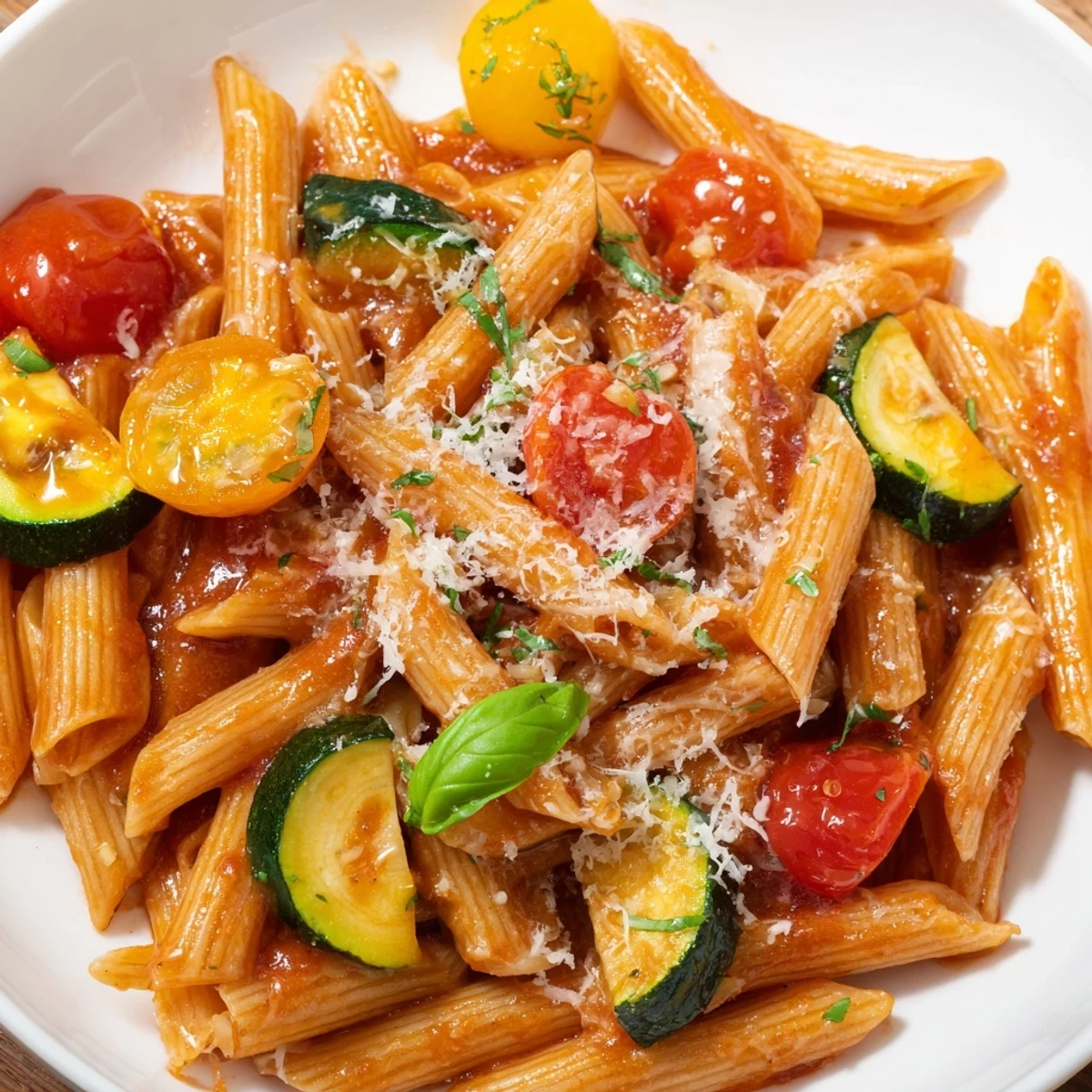 Golden tomato zucchini pasta in a white bowl topped with fresh basil and grated Parmesan cheese