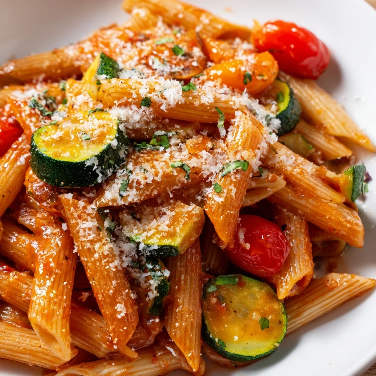Twirled pasta tossed with tender zucchini slices, cherry tomatoes, and garlic on a rustic wooden table