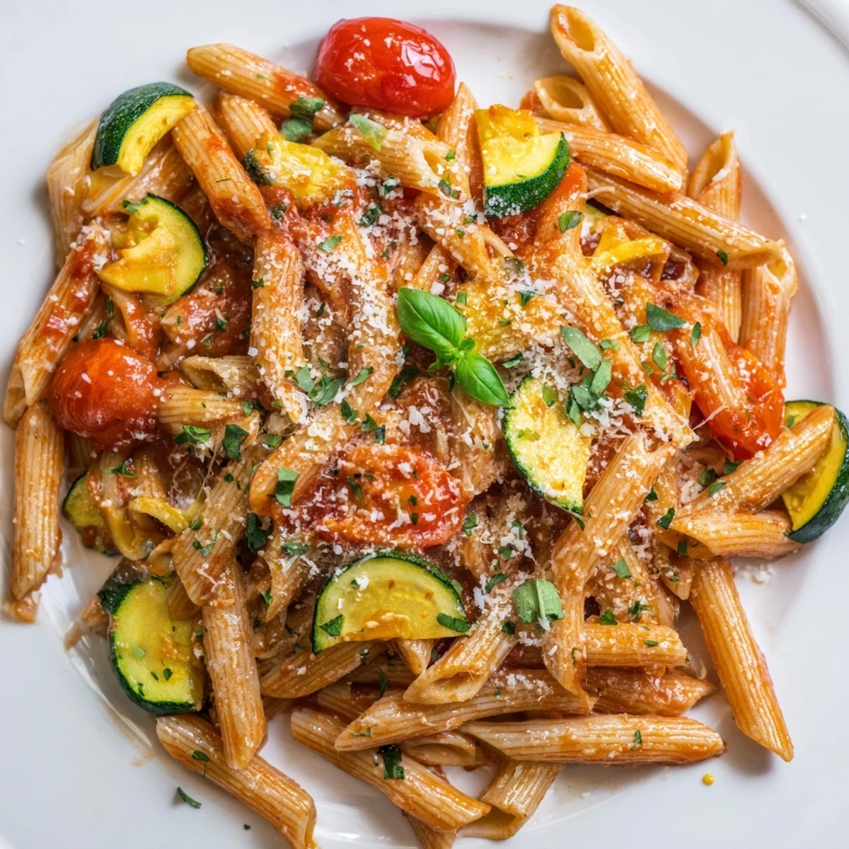Steaming plate of tomato zucchini pasta garnished with green basil leaves and white Parmesan shavings