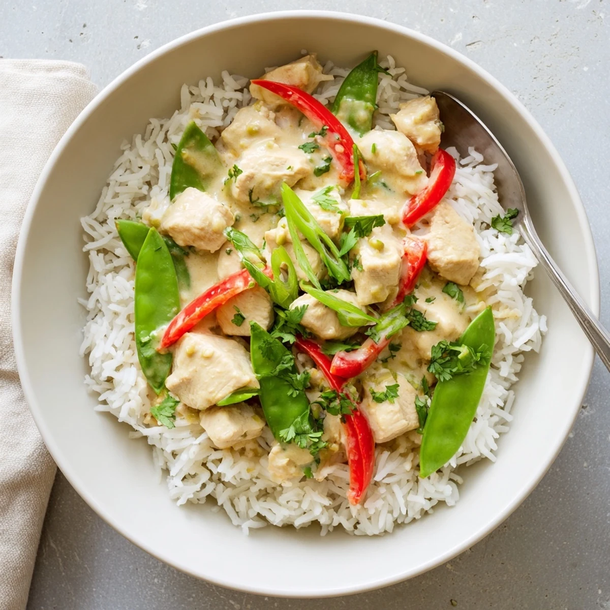 Coconut chicken rice bowl featuring jasmine rice loaded with vegetables and aromatic coconut milk