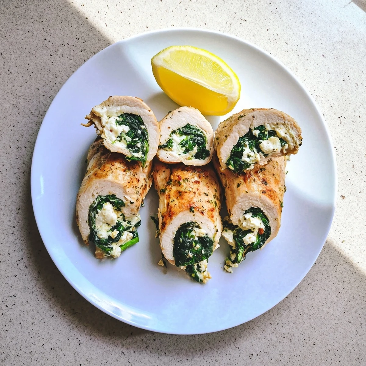 Golden baked stuffed chicken breast with feta and spinach filling on white plate