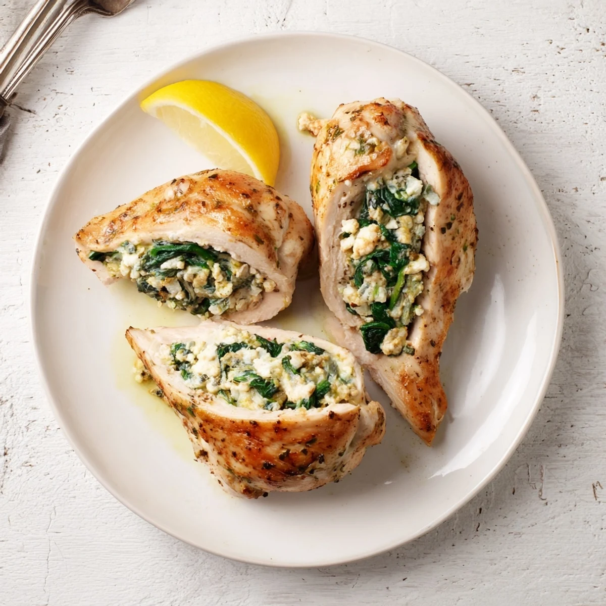 Juicy oven roasted chicken breast stuffed with spinach and feta served with lemon