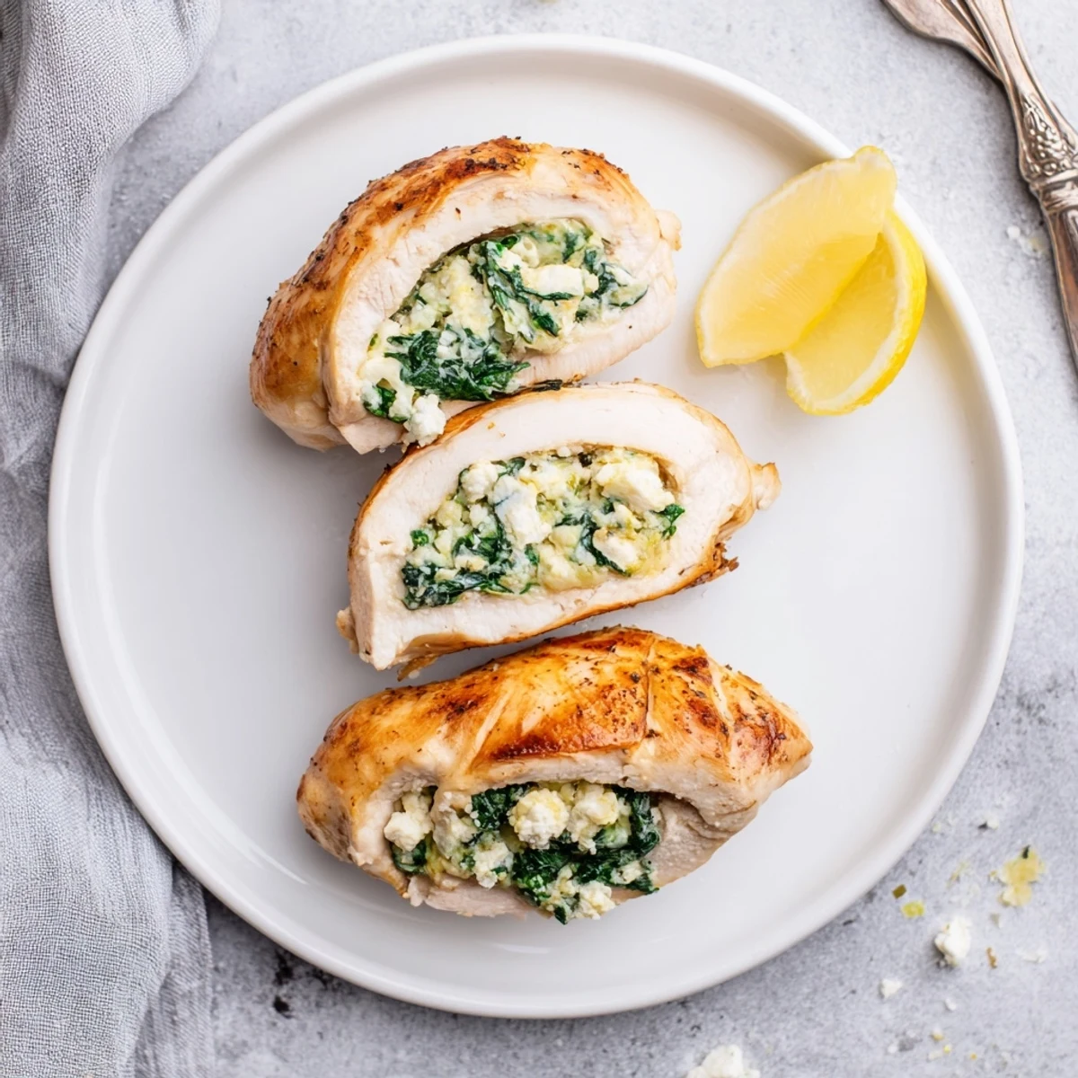 Sliced Mediterranean chicken breast revealing creamy feta and fresh spinach herb center