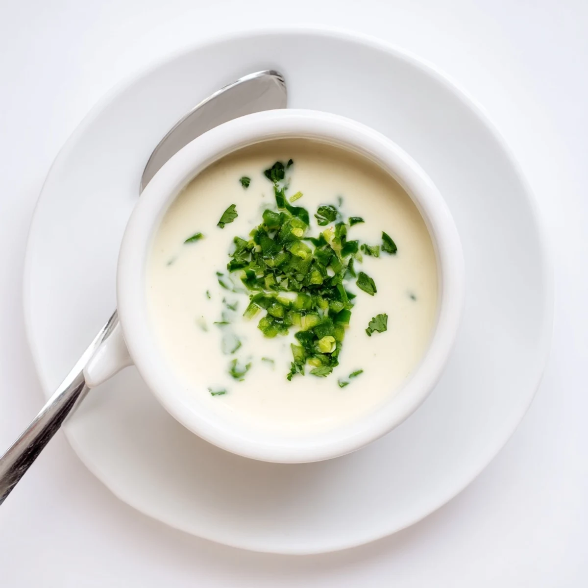 Smooth tangy Mexican white sauce in bowl topped with cilantro and lime wedge