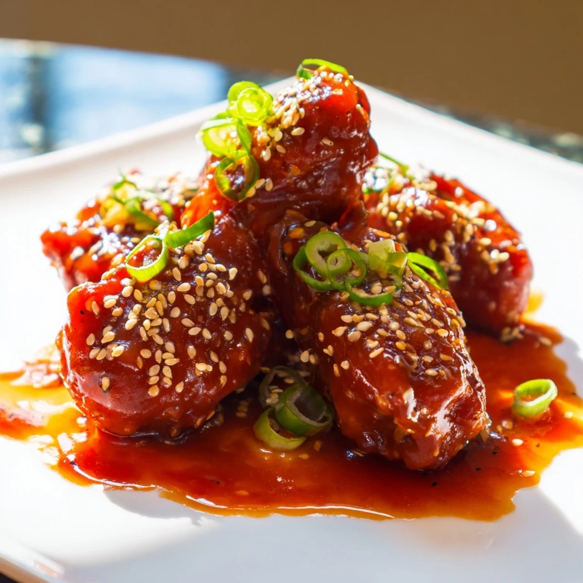 Golden glazed spicy honey sriracha chicken pieces garnished with sesame seeds and green onions