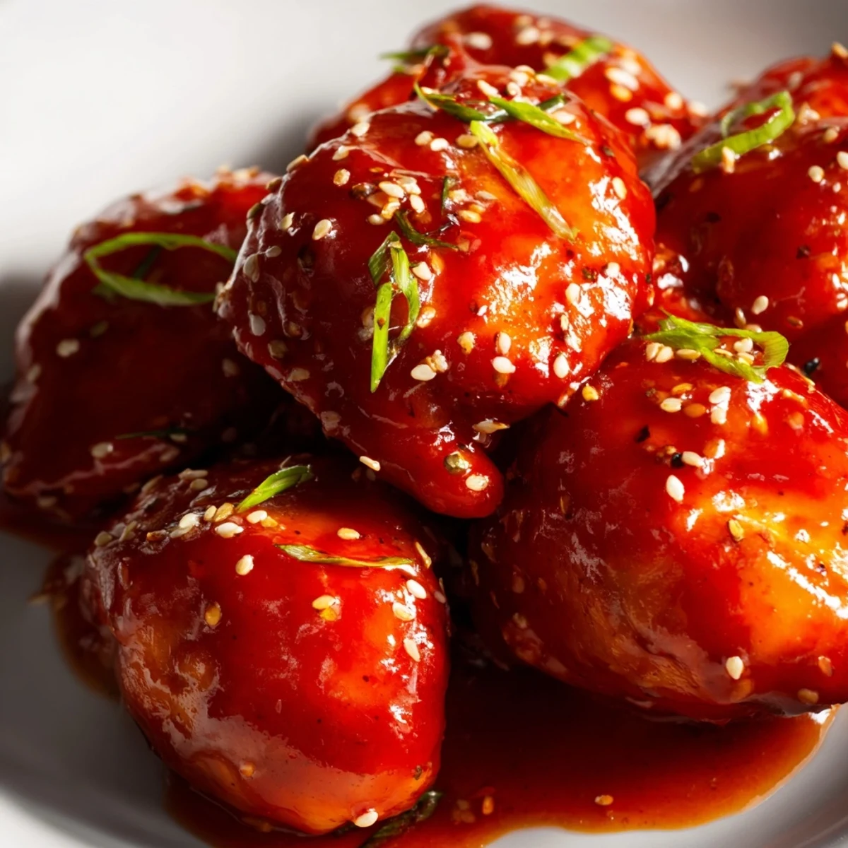 Crispy seared chicken drizzled with glossy red honey sriracha glaze and topped with fresh scallions