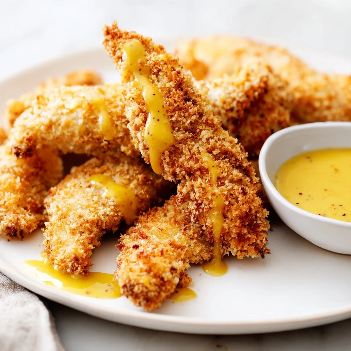Golden honey mustard chicken tenders with crispy breadcrumb coating and tangy dipping sauce