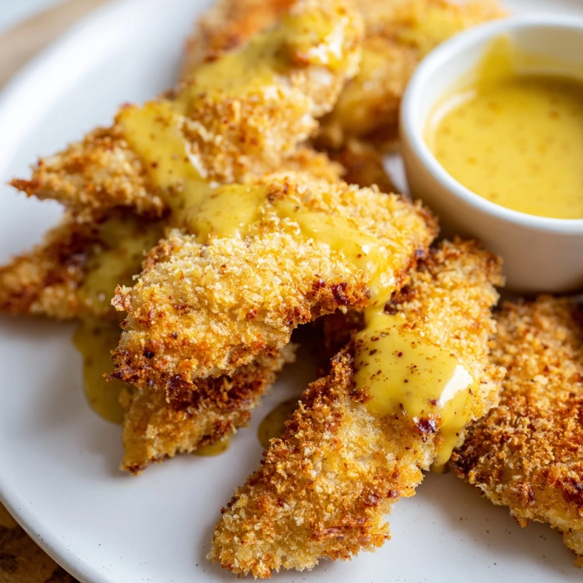 Baked honey mustard chicken tenders arranged on white plate with honey mustard drizzle
