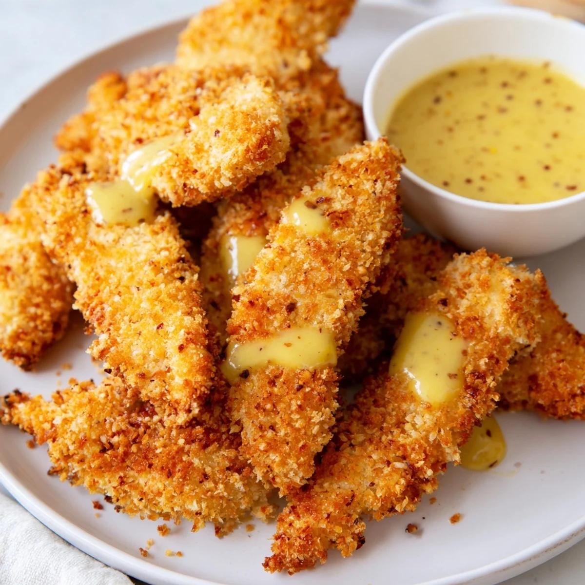 Crispy honey mustard chicken tenders served alongside ramekin of sweet tangy dipping sauce
